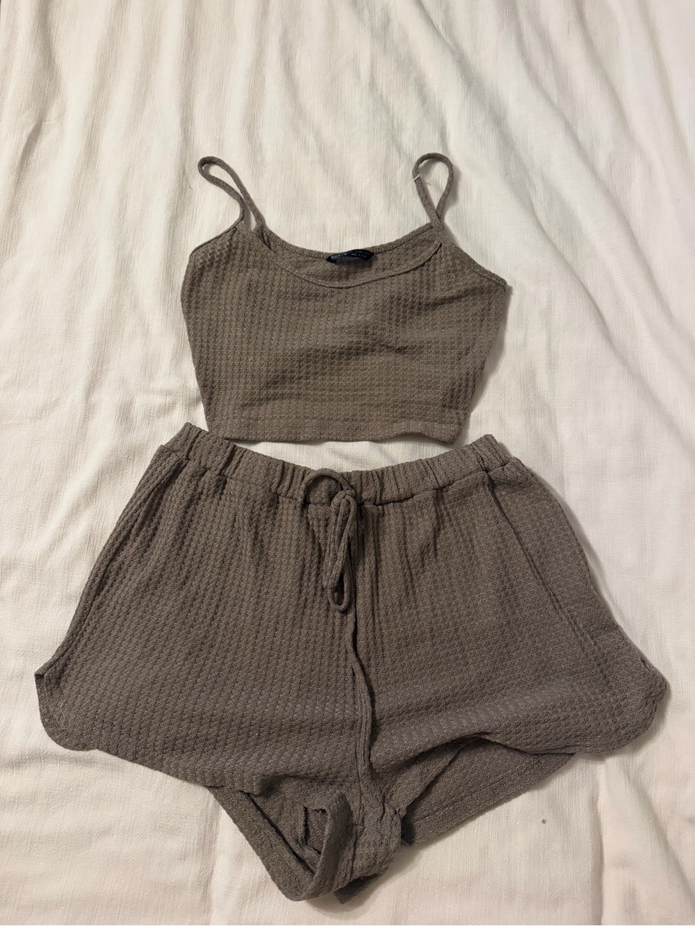 SHEIN Waffle Knit Crop Tank & Drawstring Shorts Set - Brown